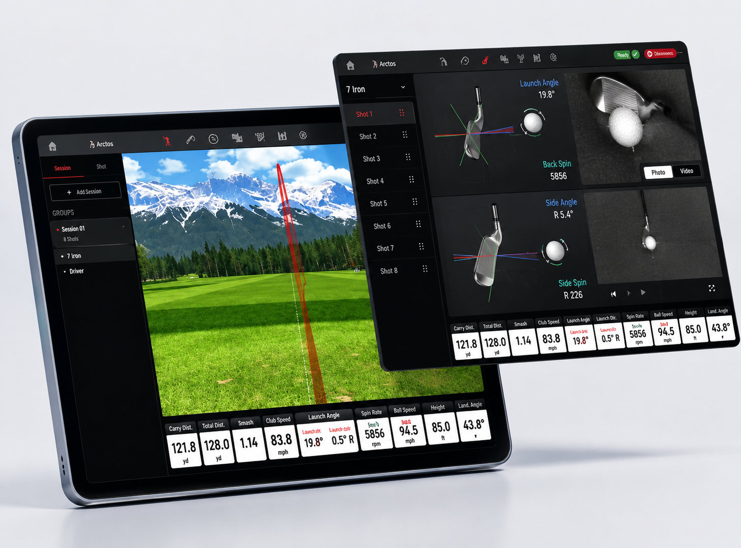 Tablet showing a golf course in the simulator software alongside a shot-by-shot session panel with carry distance, smash factor and spin rate
