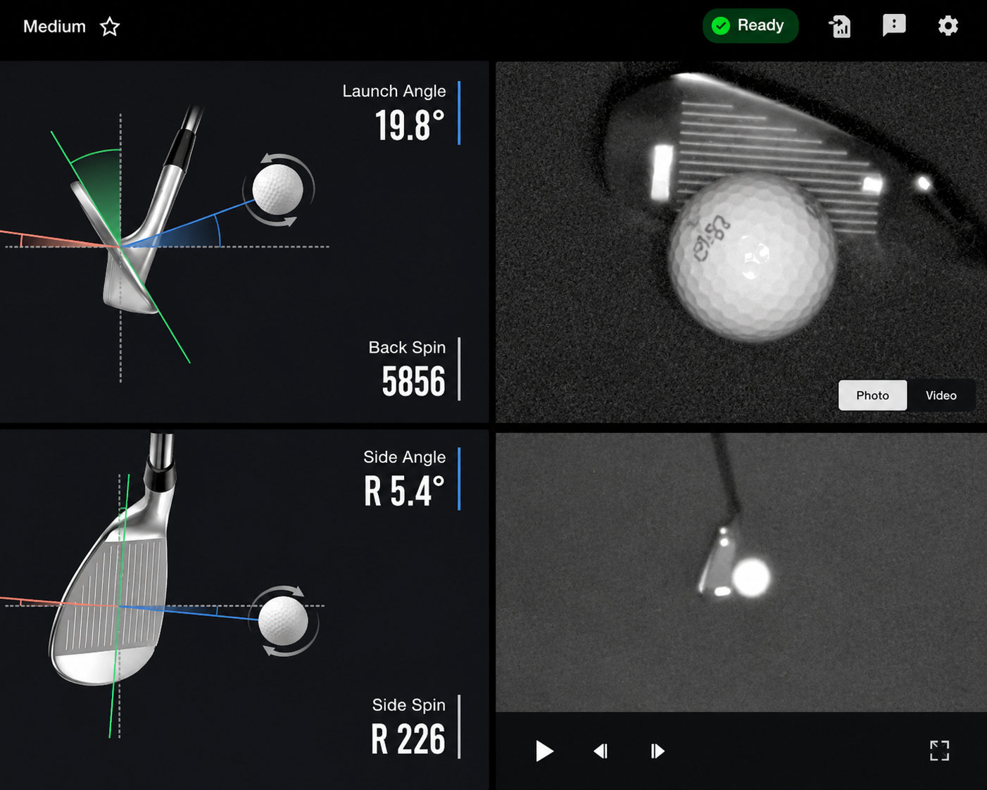 Uneekor launch monitor screen showing launch angle, back spin, side angle and side spin, next to high-speed camera images of club and ball at impact