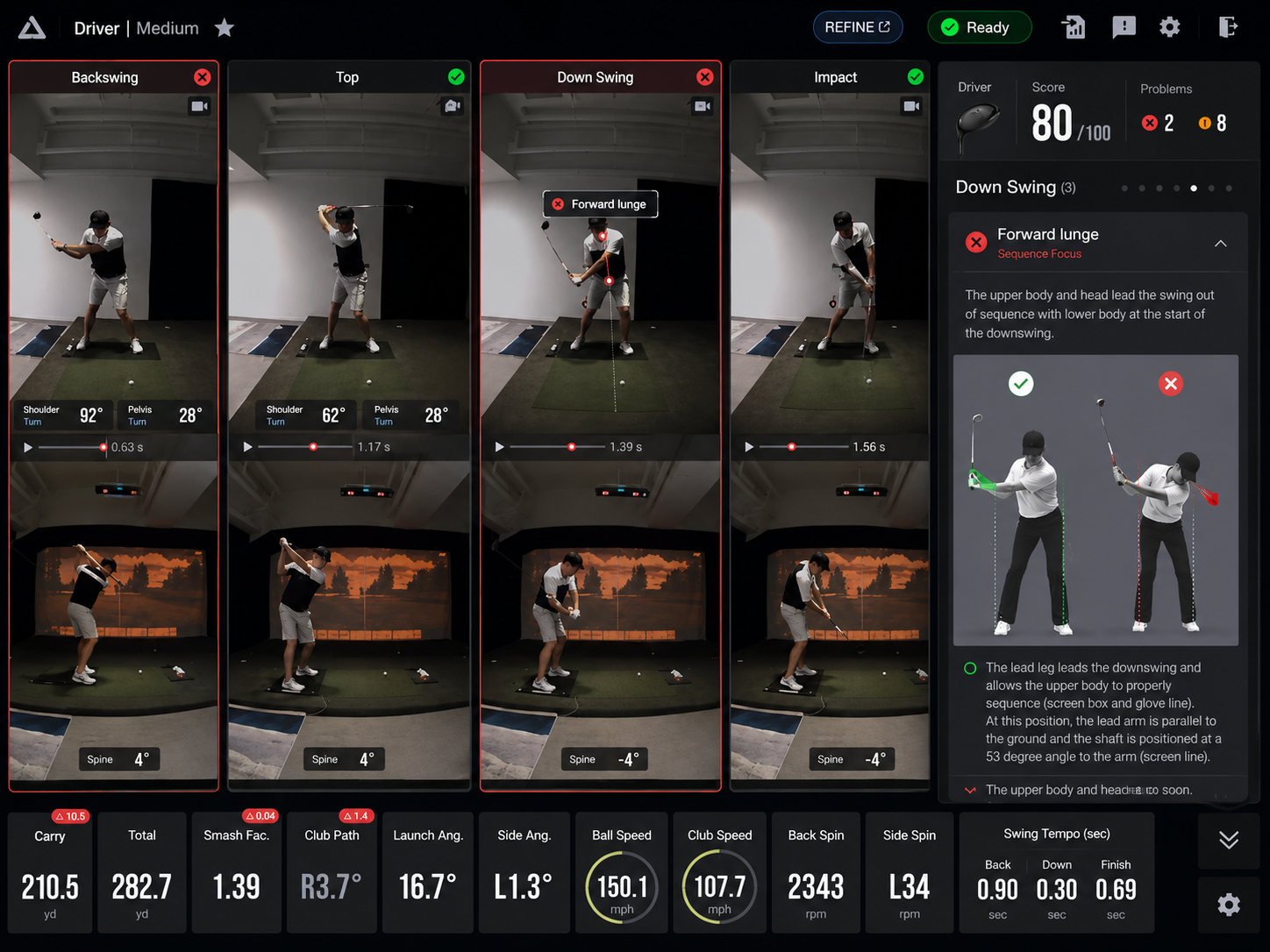 AI swing analysis screen with backswing, top, downswing and impact frames, a swing score and a side-by-side correction for a forward lunge fault